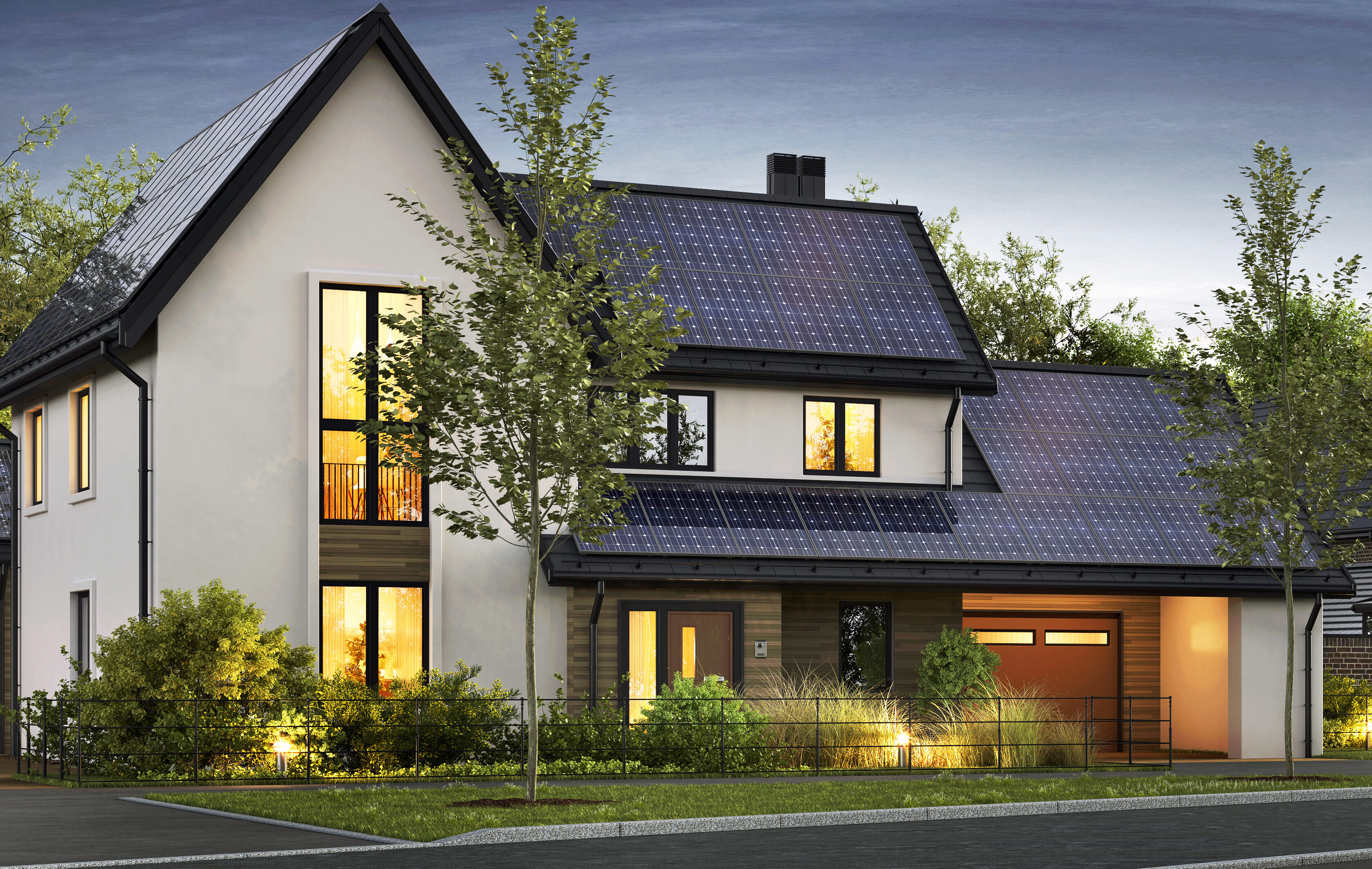 Modern beautiful houses with solar panels on the roof Houston Location